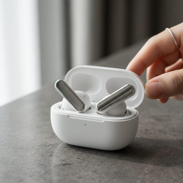 갤럭시 버즈4 프로 화이트 모델 실물 사진, 납작한 스템과 메탈 블레이드 디자인이 잘 보임