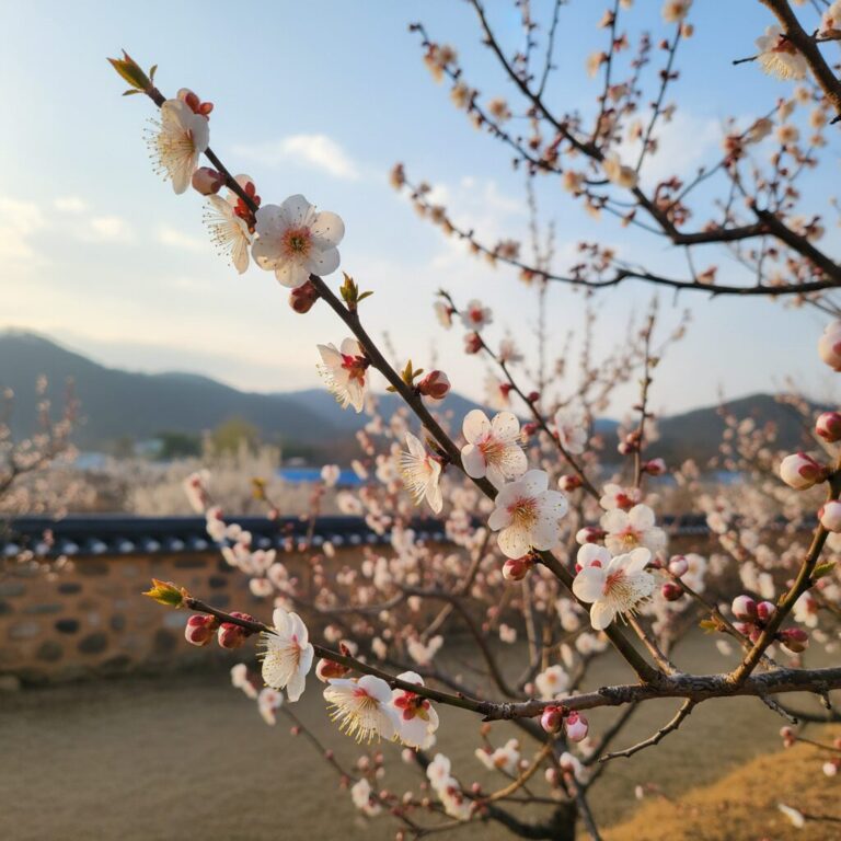 부산 기장매화원의 이른 봄 매화 꽃봉오리와 하얀 꽃