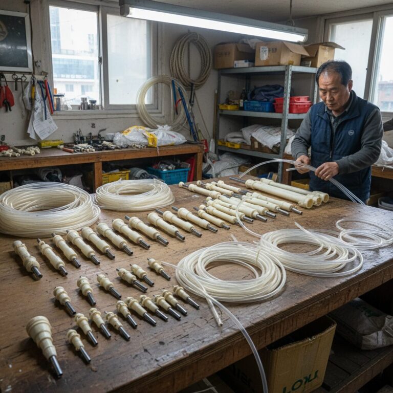 다양한 길이와 굵기의 고로쇠 코크와 호스가 정리되어 있는 사진