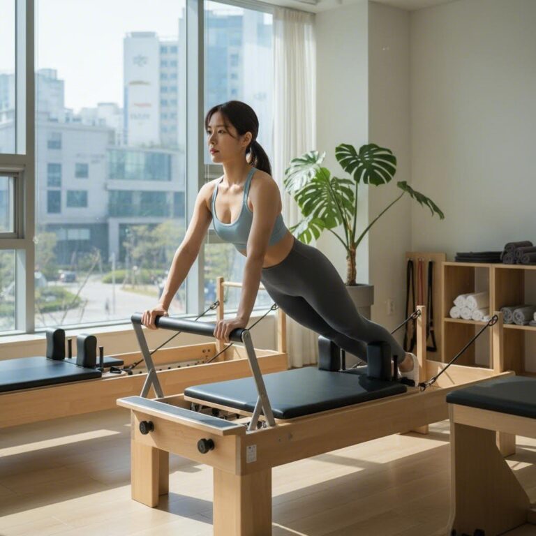 필라테스 기구를 사용하여 운동하는 모습