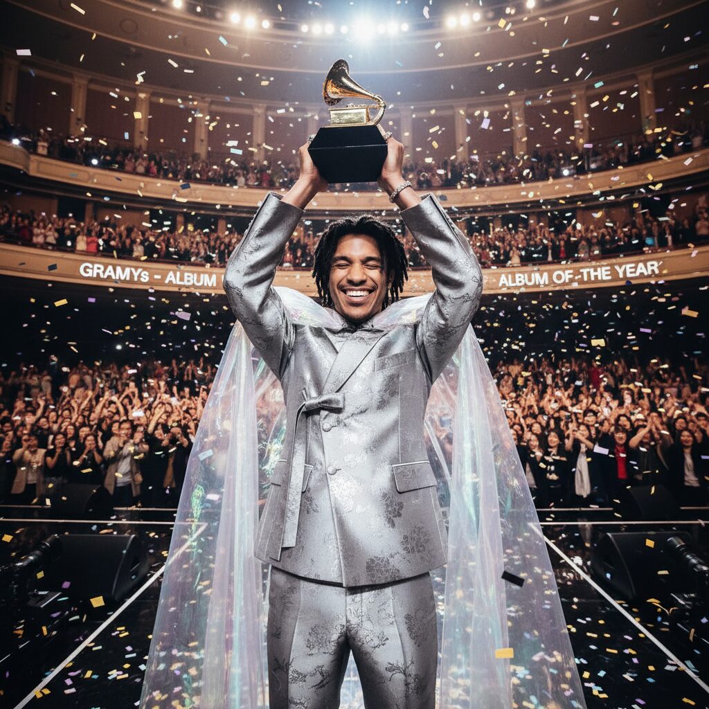 배드 버니가 그래미 올해의 앨범 트로피를 들어 올리는 모습