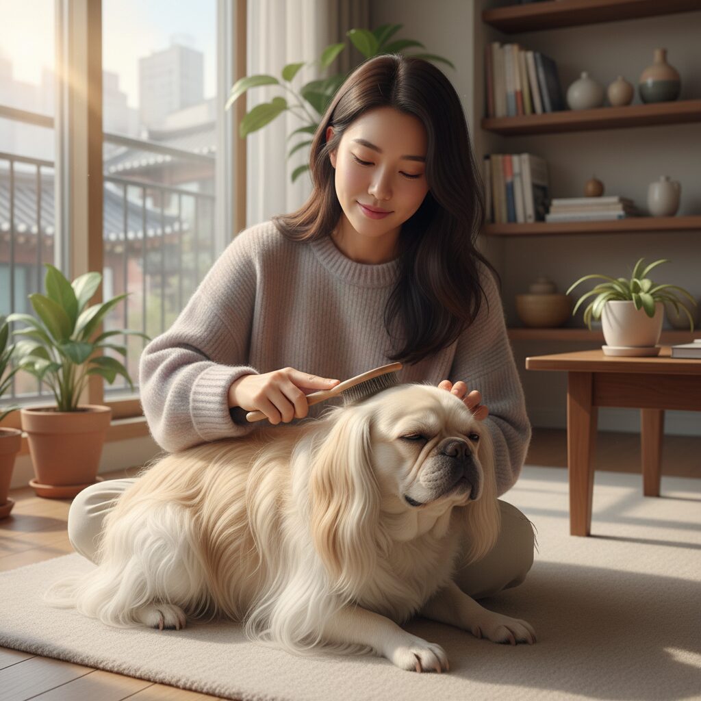 보호자가 장모 프렌치불독의 털을 부드럽게 빗어주고 있는 모습