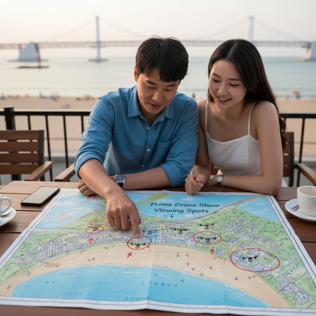 광안리 해수욕장 지도에 드론쇼 관람 명당 위치 표시