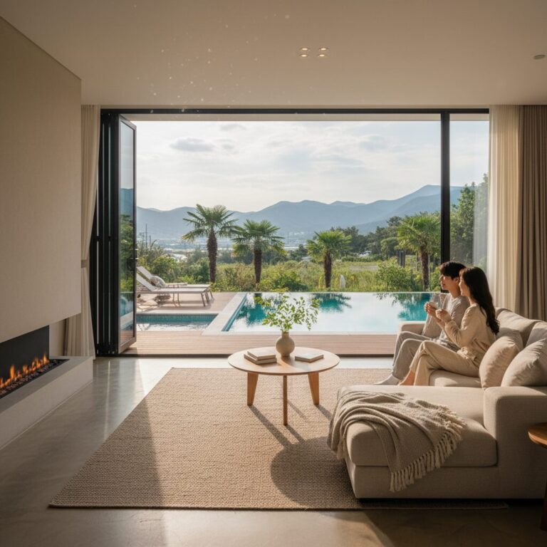 광양 끌리다 풀빌라의 통유리창과 개별 수영장이 보이는 아늑한 실내 거실