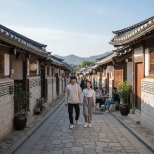 경주 황리단길의 고즈넉한 기와지붕 거리 풍경