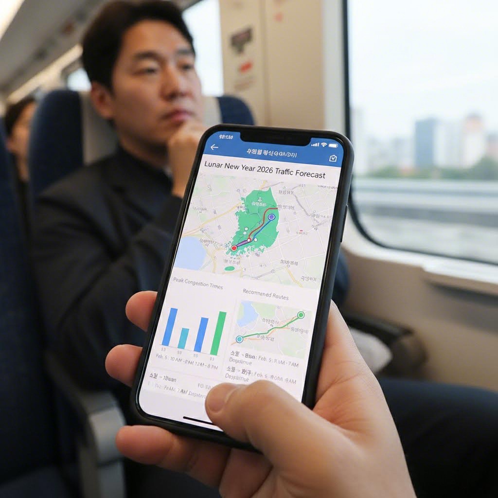 2026 설 연휴 고속도로 정체 예상 시간대와 추천 이동 경로를 보여주는 스마트폰 앱 화면