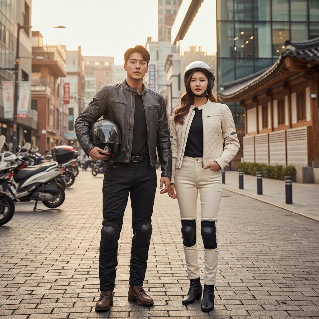 혼다 시티 라이더 컬렉션 라이더 자켓과 팬츠를 입은 모델