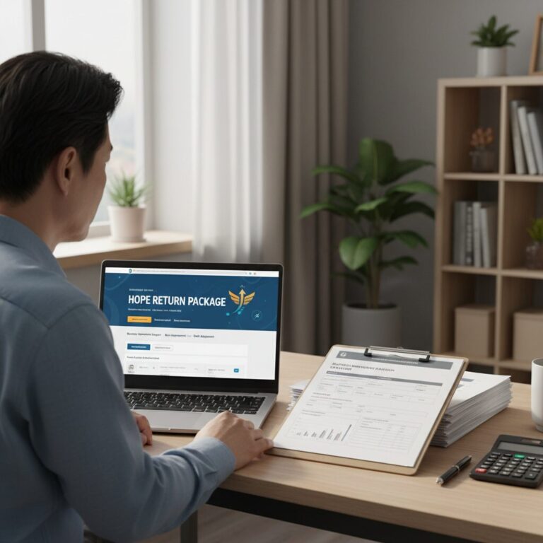 희망리턴패키지 홈페이지 화면과 경영개선 지원금 관련 서류 이미지