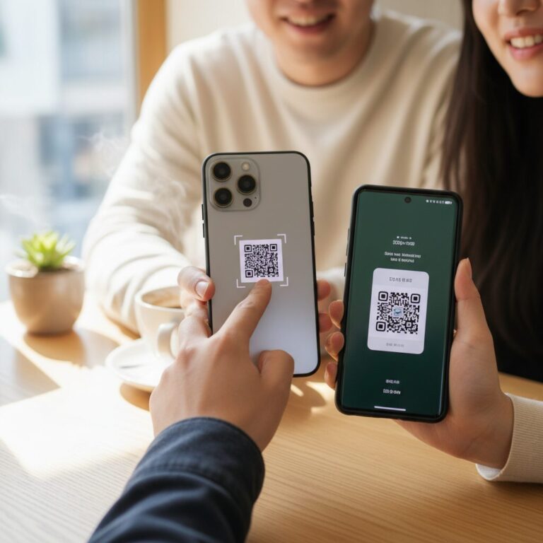 아이폰과 안드로이드 폰을 나란히 두고 QR 코드를 스캔하는 모습