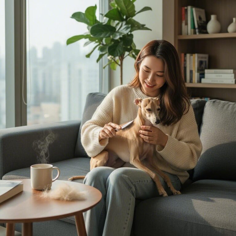 이탈리안 그레이하운드와 보호자가 소파에 앉아 털을 빗겨주는 모습