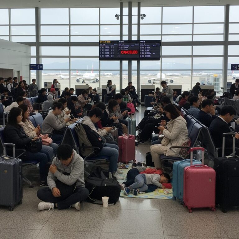 제주공항에서 결항 통보를 기다리는 여행객들