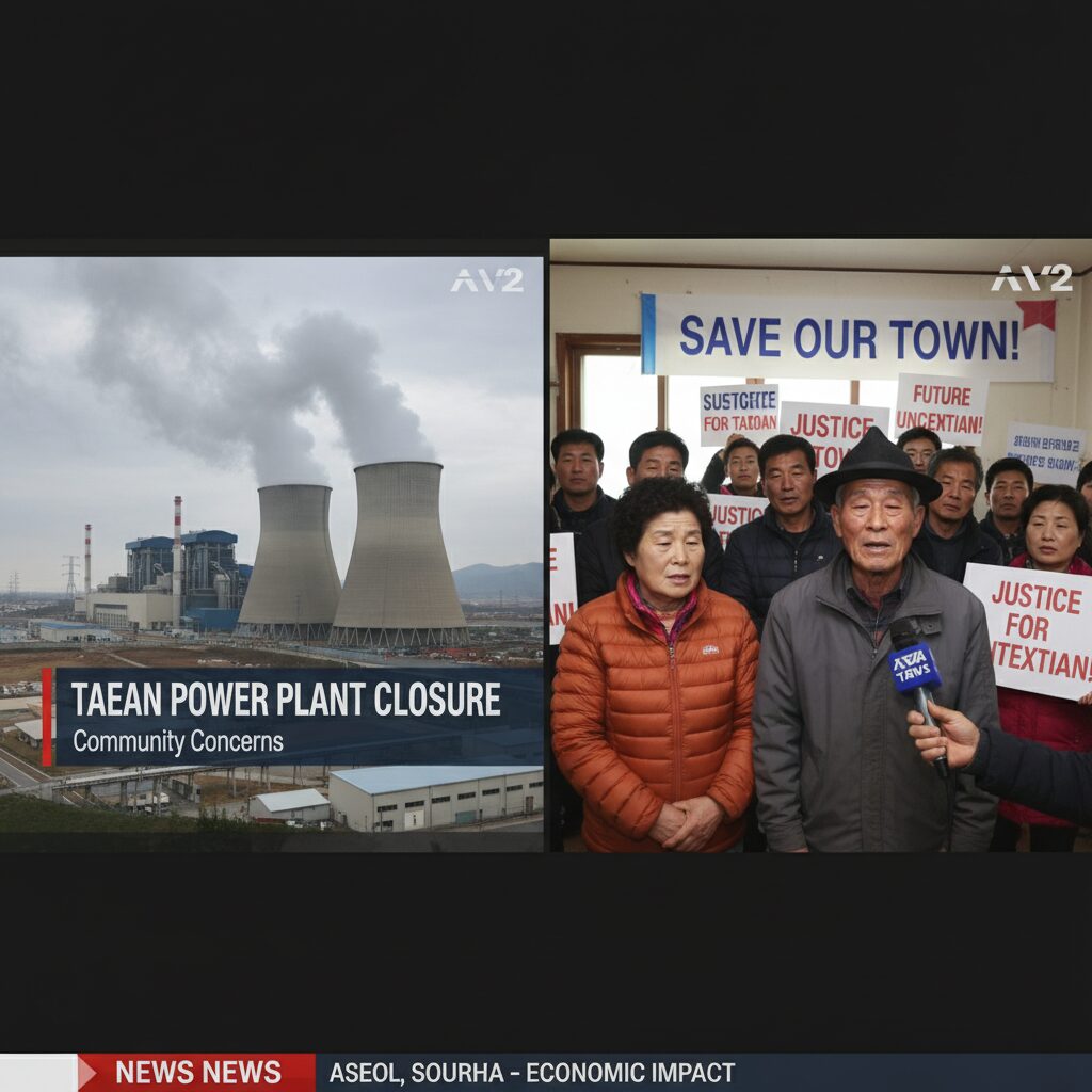 태안 화력발전소 폐쇄 관련 뉴스 화면과 지역 주민의 모습