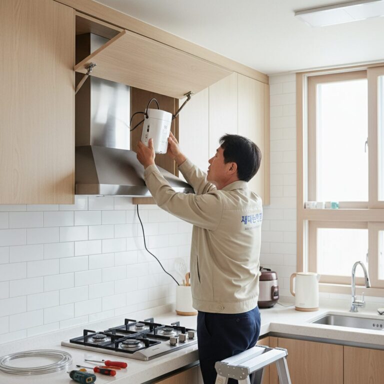 주방 후드 상부장 도어를 열고 내부에 자동확산소화기 본체를 설치하는 과정