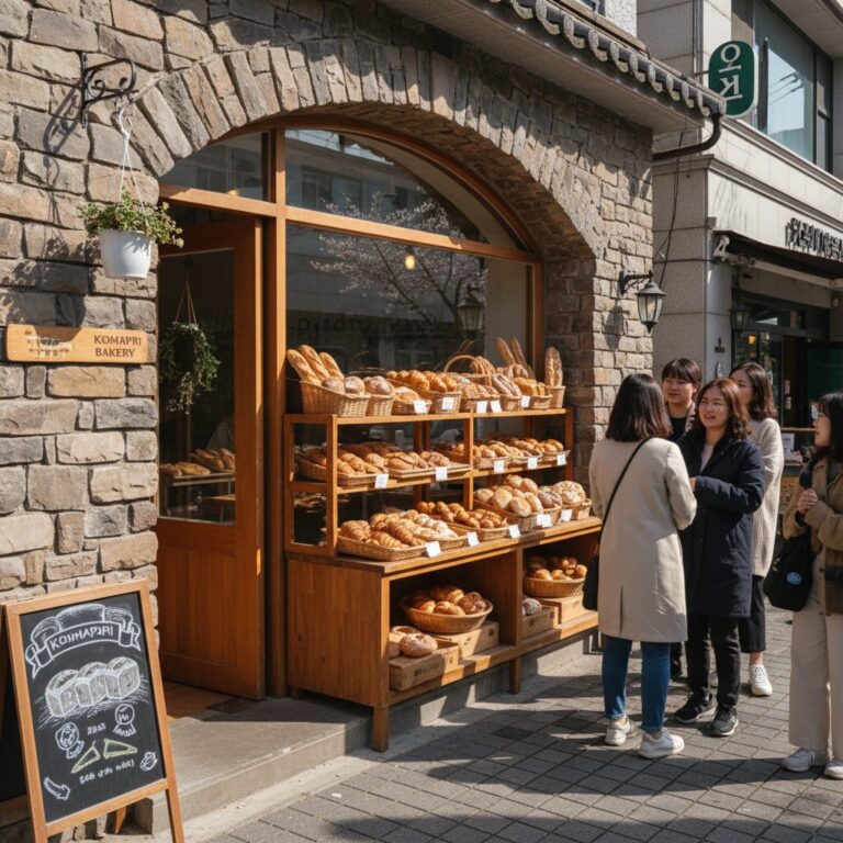 춘천 꼼아파리 빵집 외관과 진열된 빵들