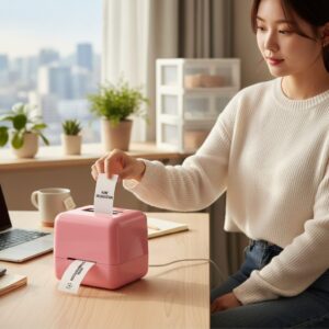 핑크색 라벨프린터에서 스티커가 출력되고 있는 모습