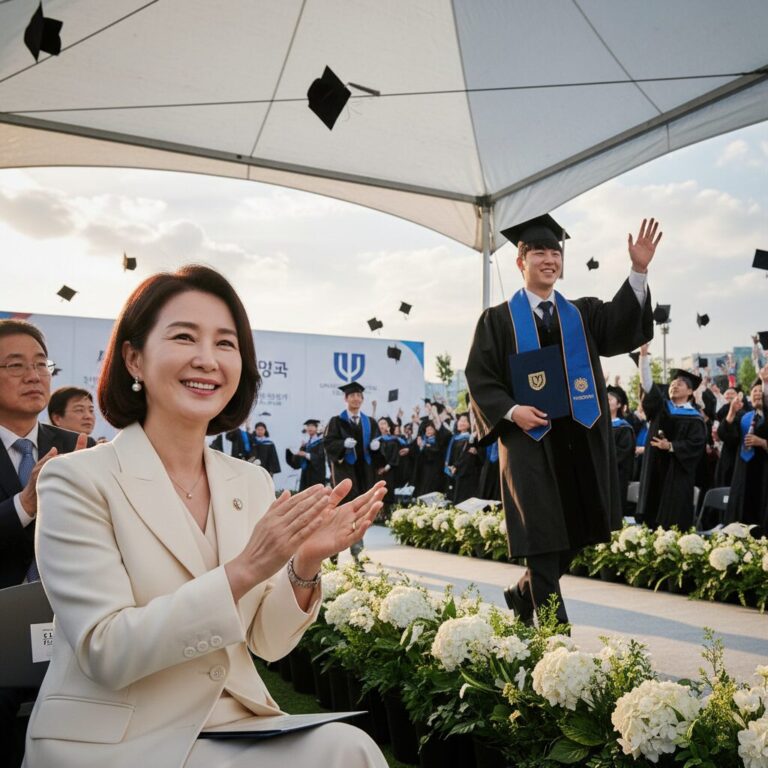 이부진 사장이 졸업식에서 아들 임동현 군을 응원하며 미소 짓고 있는 모습