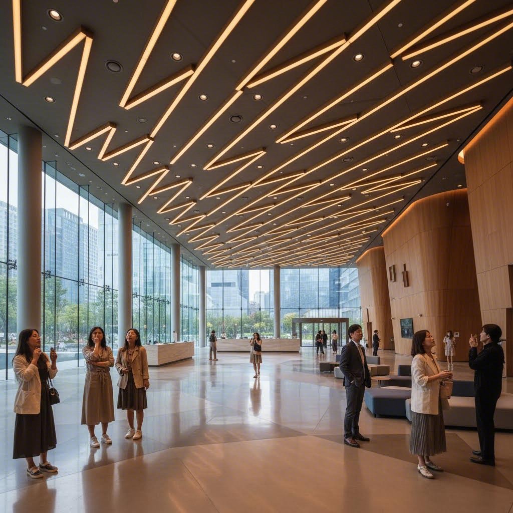 LG아트센터 서울 로비의 넓은 공간과 천장 조명