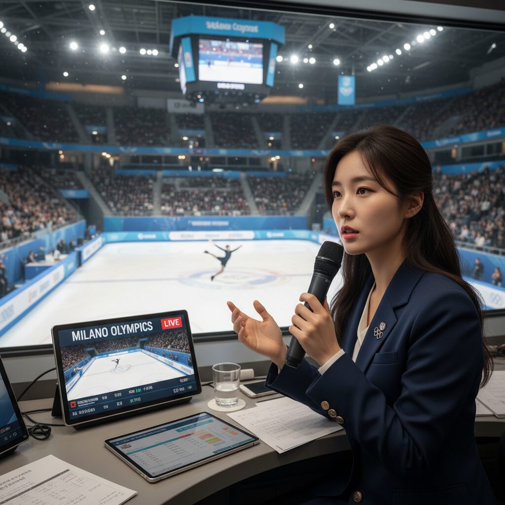 임은수 해설위원이 밀라노 올림픽 중계석에서 마이크를 들고 진지하게 해설하는 모습