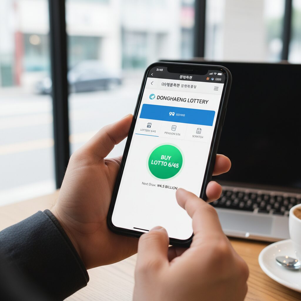 스마트폰 화면에 표시된 동행복권 모바일 웹사이트와 로또 구매 버튼