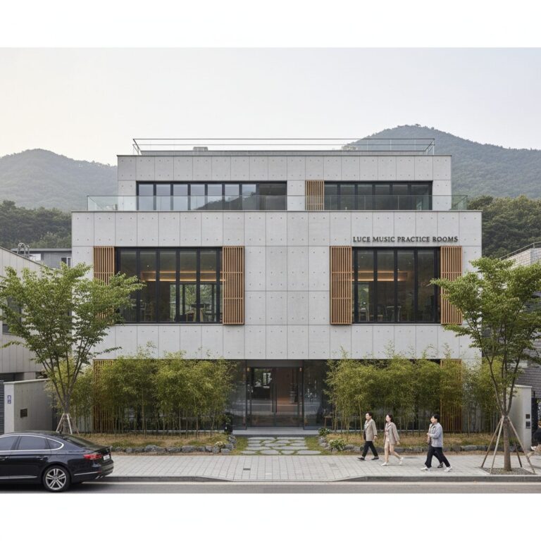 서울 평창동에 위치한 루체 음악 연습실 외관, 현대적이고 차분한 건물 디자인