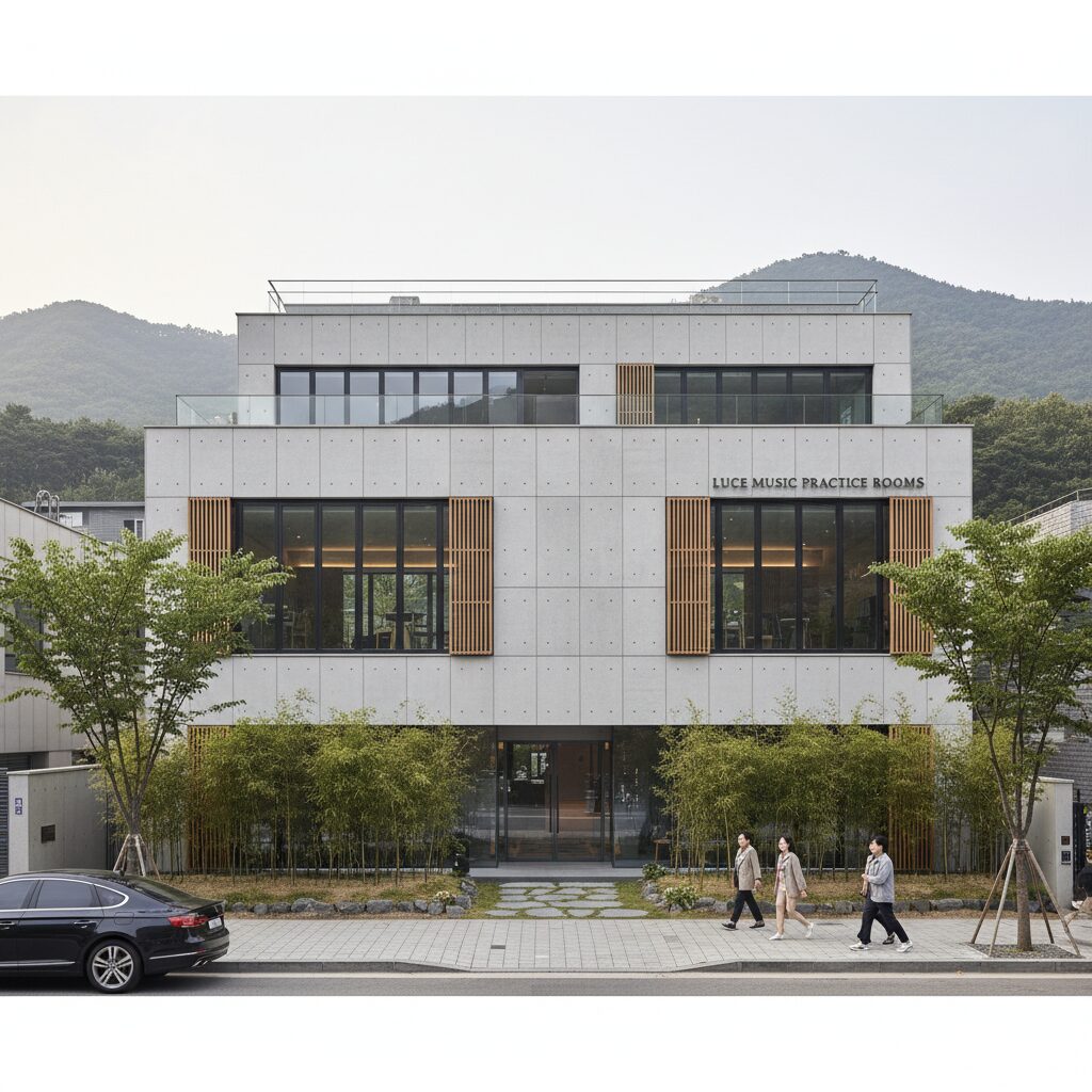 서울 평창동에 위치한 루체 음악 연습실 외관, 현대적이고 차분한 건물 디자인