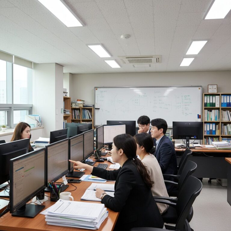 교무실에서 선생님들이 컴퓨터로 반배정 작업을 검토하고 있는 모습