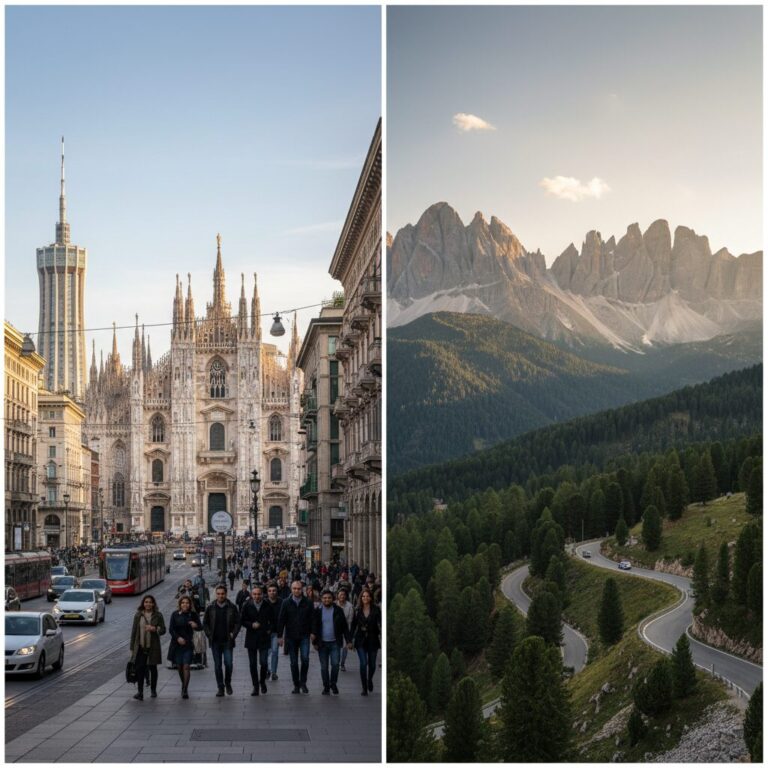 밀라노 시내 스카이라인과 코르티나 담페초의 알프스 산맥 풍경이 나란히 비교된 이미지