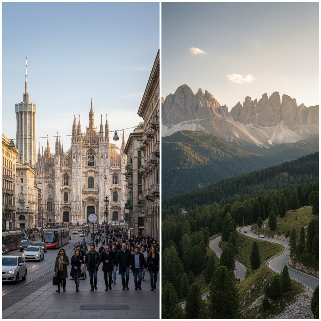 밀라노 시내 스카이라인과 코르티나 담페초의 알프스 산맥 풍경이 나란히 비교된 이미지