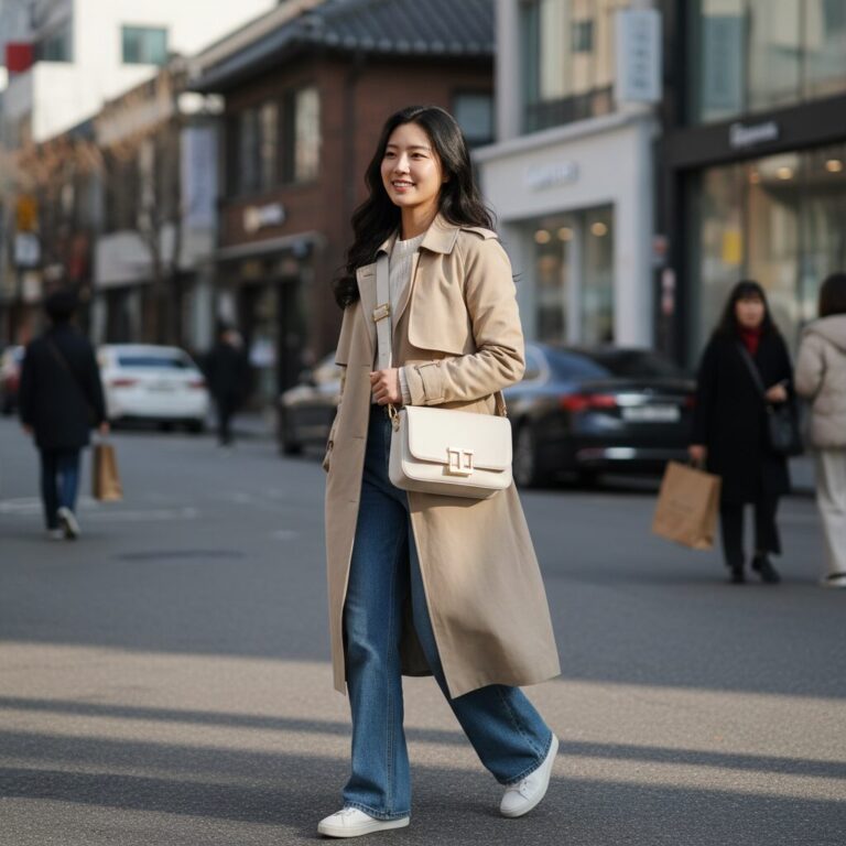 미닛뮤트 토보 숄더 아이보리 컬러를 어깨에 메고 있는 스타일 사진