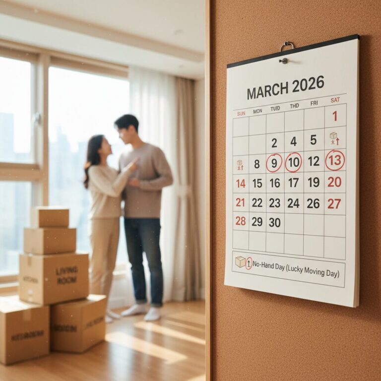 2026년 3월 달력에 손없는날 표시와 이사 박스 아이콘