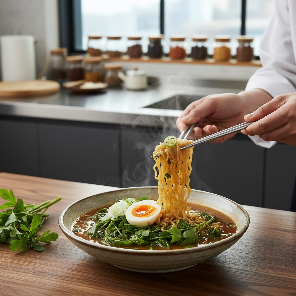 나혼자산다 김시현 셰프 경동시장 나물 요리 비법 김시현 셰프가 만든 냉이 된장라면 국물에 푸른 냉이가 들어간 모습