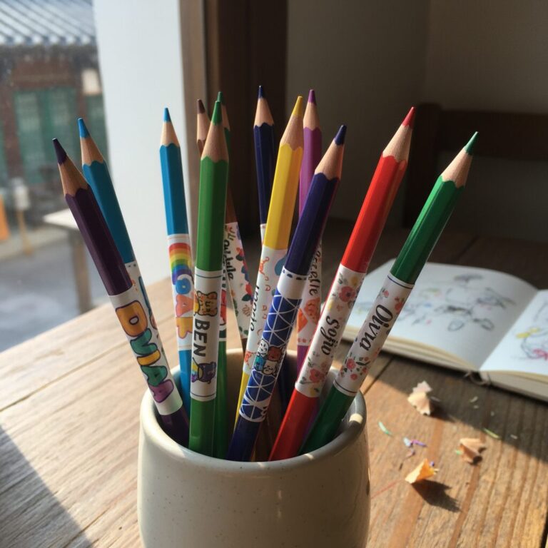 다양한 디자인의 연필 네임스티커가 붙은 색연필