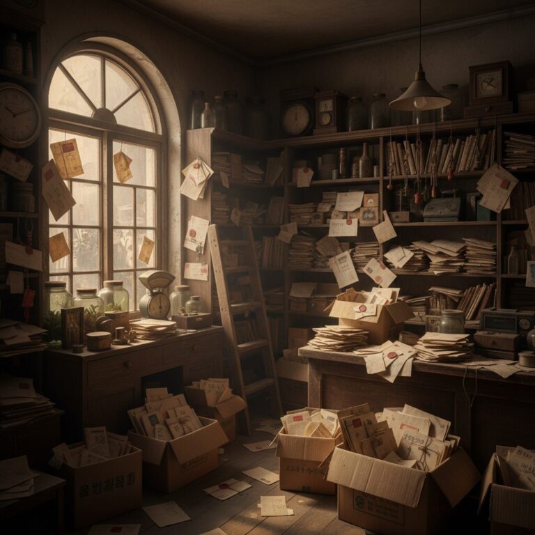 오래된 나미야 잡화점 내부에 쌓인 낡은 편지들