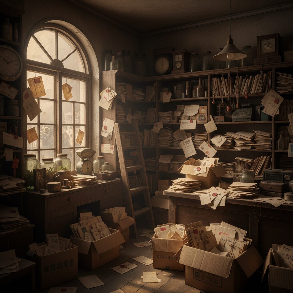 오래된 나미야 잡화점 내부에 쌓인 낡은 편지들