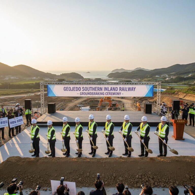 거제 남부내륙철도 착공식 현장에서 관계자들이 첫 삽을 뜨고 있다