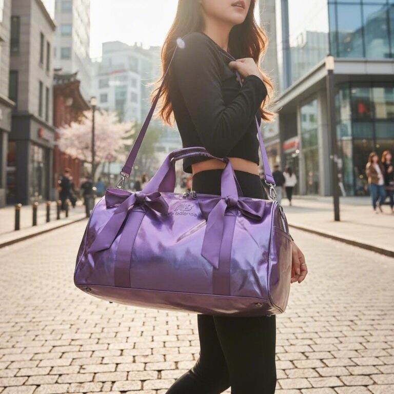 뉴발란스 글로시 리본 더플백 바이올렛 색상의 실물 모습