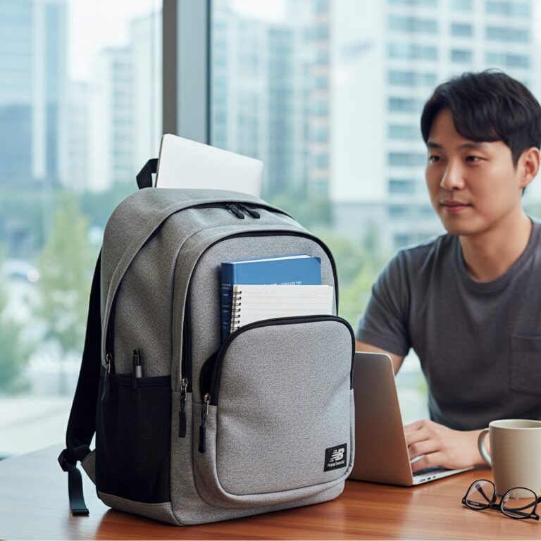 뉴발란스 플라잉폼 백팩 실물 사진 책과 노트북이 수납된 상태