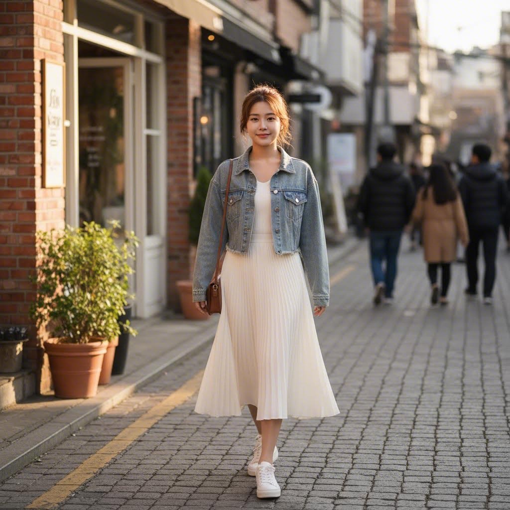 워시드 크롭 데님 자켓과 플레어 스커트를 함께 코디한 페미닌 캐주얼 스타일