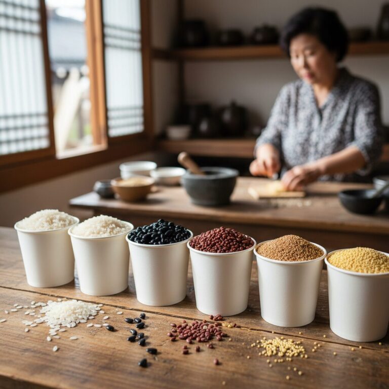 오곡밥 재료인 쌀 찹쌀 검은콩 팥 수수 기장이 종이컵에 계량되어 담겨 있는 모습
