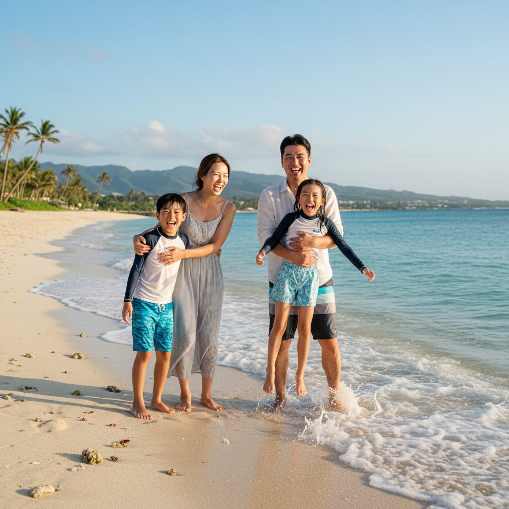 오키나와 해변에서 웃고 있는 가족