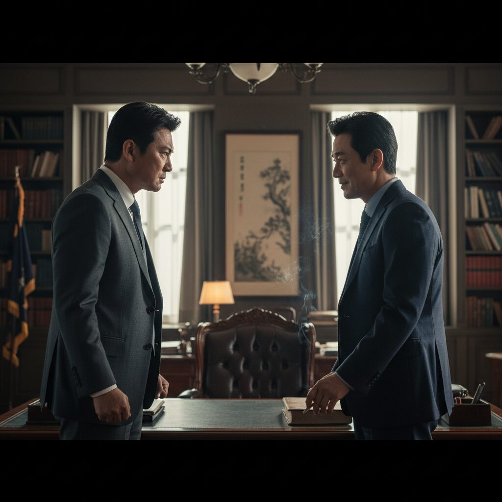 영화 야당에서 송강호와 이성민이 마주보며 긴장된 대립 구도를 보이는 한 장면