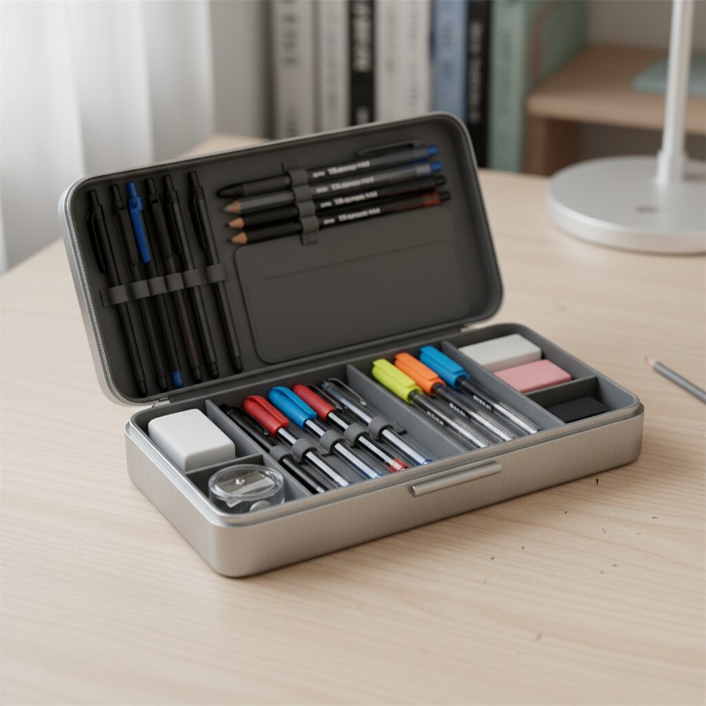 다양한 용도와 스타일에 맞는 나만의 필통 고르기 책상 위에 다양한 펜과 지우개가 깔끔하게 정리된 필통