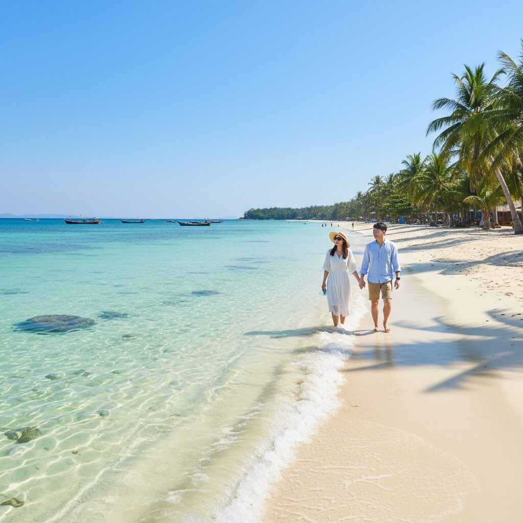 맑은 날 푸꾸옥의 투명한 에메랄드 빛 바다와 백사장 풍경