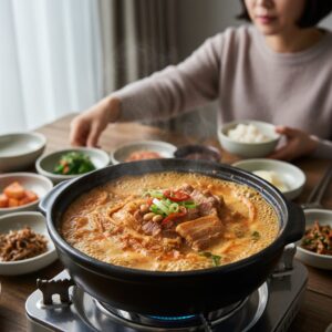 구수한 돼지고기 묵은지 청국장이 끓고 있는 냄비 사진