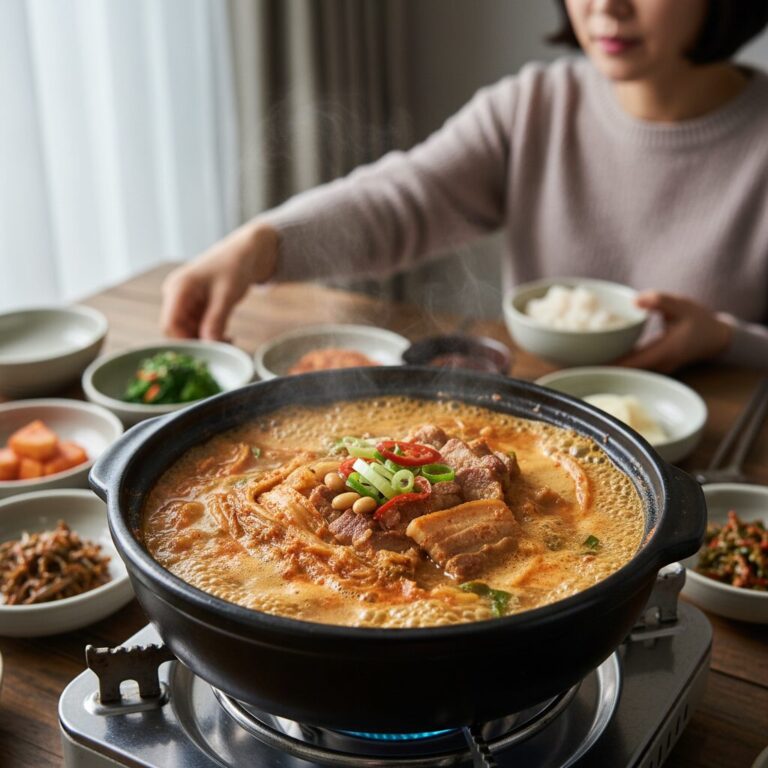 구수한 돼지고기 묵은지 청국장이 끓고 있는 냄비 사진