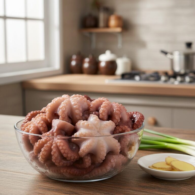 손질이 완료된 깨끗한 생물 쭈꾸미가 그릇에 담겨 있는 모습