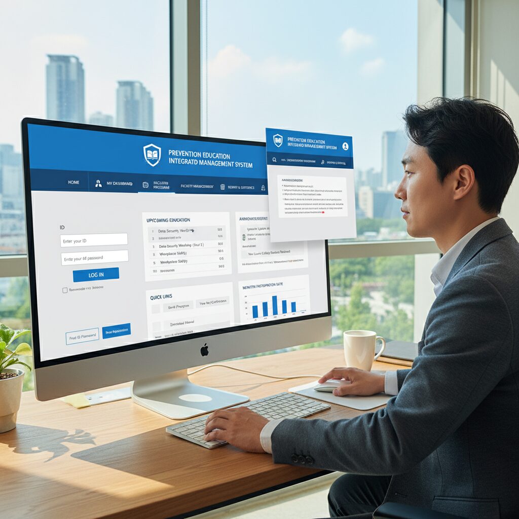 예방교육통합관리시스템 로그인 화면과 메인 메뉴 구성