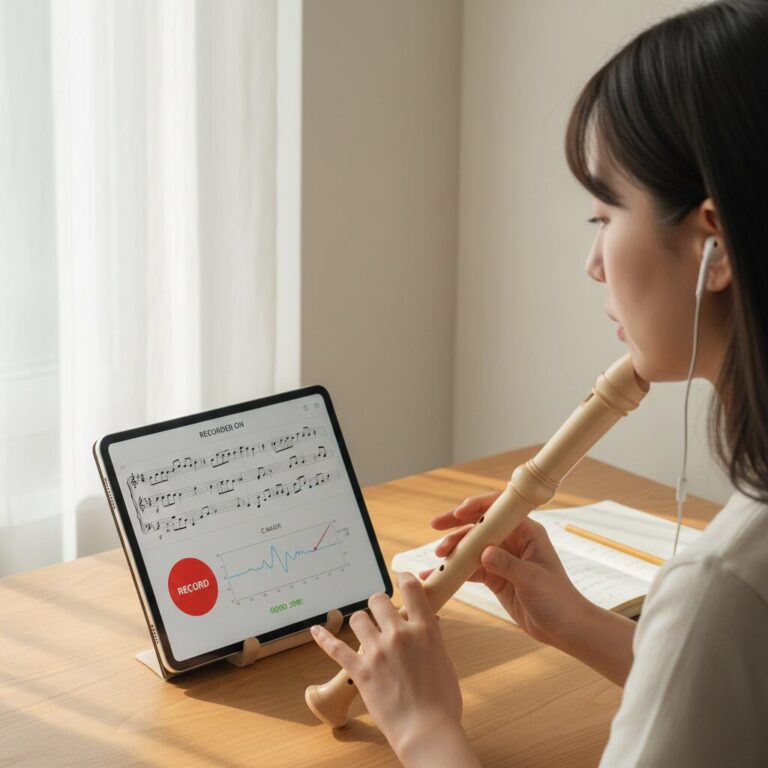 리코더온 앱 화면. 악보와 함께 녹음 버튼과 실시간 음정 피드백이 표시됨