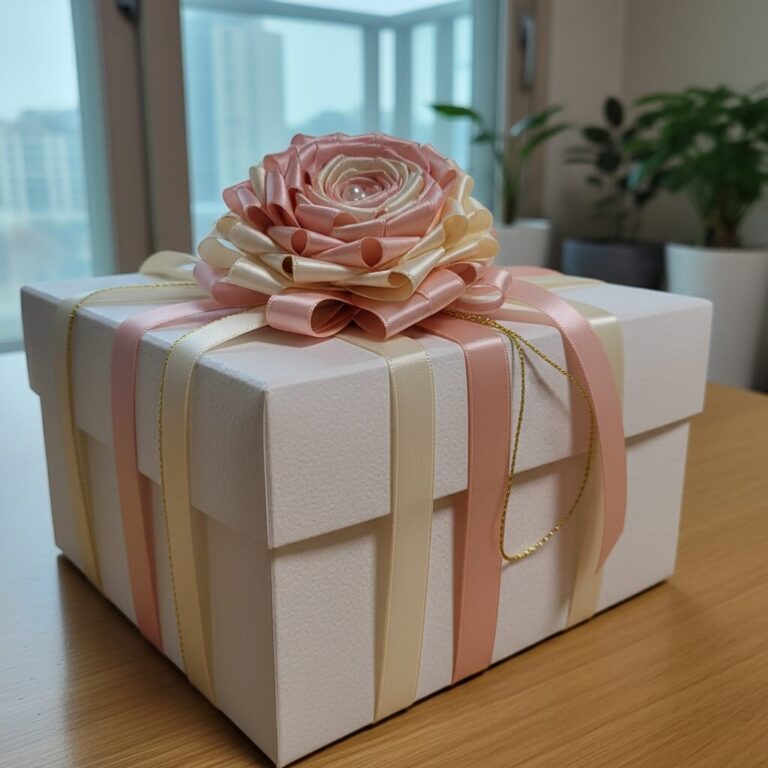 여러 겹의 리본으로 만든 꽃 모양 장식이 달린 선물 상자