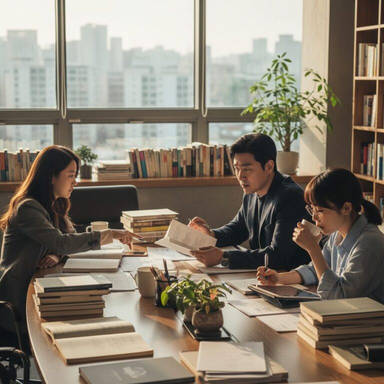 로맨스는 별책부록 출판사 편집부에서 편집자들이 책 원고를 논의하는 드라마 장면